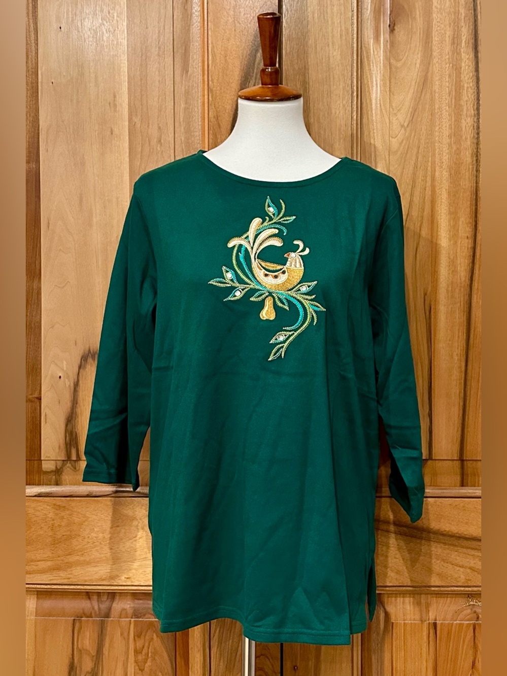 NWT Bob Mackie Wearable Art Embroidered/Crystal Accented Partridge/Pear Tree, L